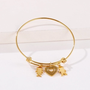 Adjustable gold stainless steel wire bracelet with heart, boy, and girl charms