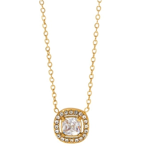 Minimalist gold necklace with geometric square zircon pendant on white background