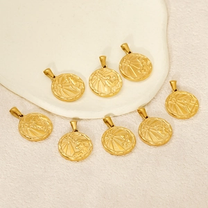 Twelve Zodiac Sign Round Pendant Stainless Steel Gold Plated Sunburst Relievo Vintage Constellation Charm Jewelry For Men Women