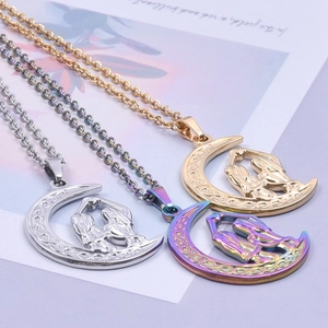 Crescent moon necklace in silver, gold, and colorful finishes with twin silhouettes