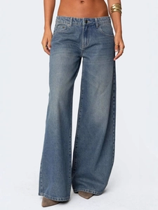 Jean denim femme délavé bleu clair à jambe large avec coupe décontractée et taille haute