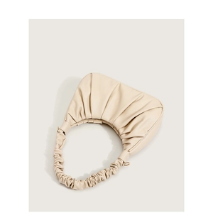 Beige pleated cloud shoulder bag with gathered handle and gold-tone metal hardware
