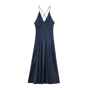 Robe Maxi En Satin Femmes Sexy Col En V Profond Dos Nu Bretelles Spaghetti Croisées Élégant Couleur Unie Vacances Fête Robe Longue