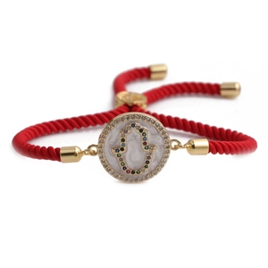 Adjustable red braided rope bracelet with a colorful zircon Hamsa Hand gold pendant