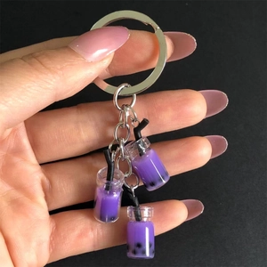 Miniature purple bubble tea keychain set with three resin charms on metal ring