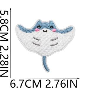 Size chart showing dimensions of a cute blue cartoon ray fish embroidered patch