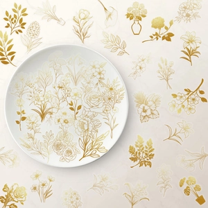 Stickers botaniques dorés en PET avec motifs floraux élégants sur assiette pour déco