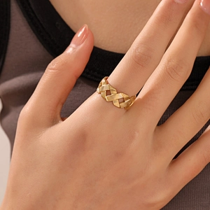Fashionable golden braided texture open ring for women in minimalist stainless steel
