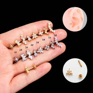 Cartilage Piercing Stud Earrings Stainless Steel Copper Zircon Heart Star Small Screw Ball Back Fashion For Women