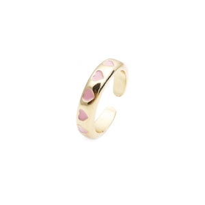 Adjustable golden heart open ring with pink enamel detail and minimalist zircon accents