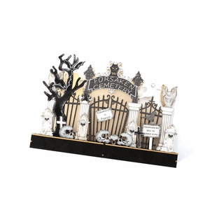 Halloween wooden cemetery scene decor with ghosts, skulls, and eerie grave markers