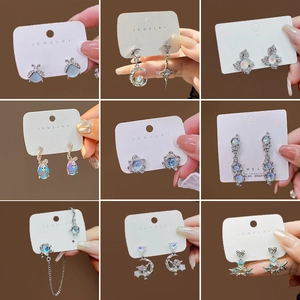 Irregular Faux Opal Moonstone Earrings Alloy Liquid Metal Star Moon Heart Elegant Jewelry With Silver Earring Post