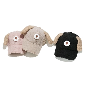 Cute lamb wool baseball cap with furry 3D dog ears for winter in pink, beige, and black