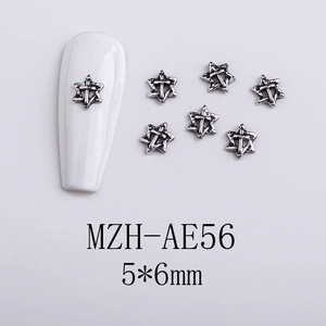 Detail of retro silver hexagram and cross nail charms, model MZH-AE56, 5x6mm size