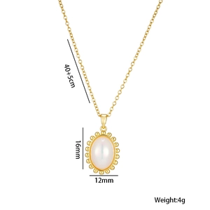 Gold plated stainless steel necklace with pearl pendant and size measurement details