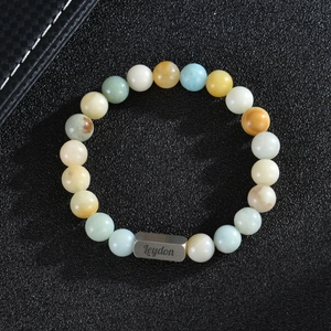 Customized stainless steel bracelet with natural stone beads and Leydon engraving