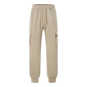 Men's khaki quilted waffle texture cargo jogger pants with drawstring elastic waist
