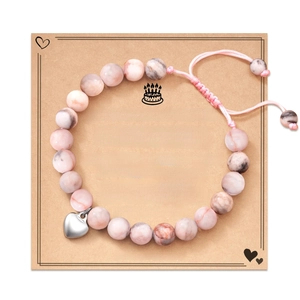 Pink and grey stone beaded bracelet with heart charm on an 18th birthday greeting card