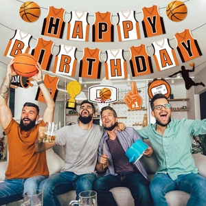 Kit décoration anniversaire basket-ball avec bannière, toppers gâteaux et suspensions