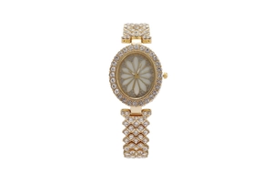Detailed close-up of a luxury gold oval watch with crystal inlay and floral dial pattern