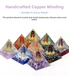 Detailed close-up of handmade orgone crystal pyramid with copper wire and natural stones