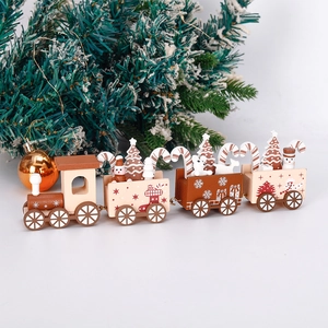 Four-section wooden Christmas train ornament with festive figurines in brown and white