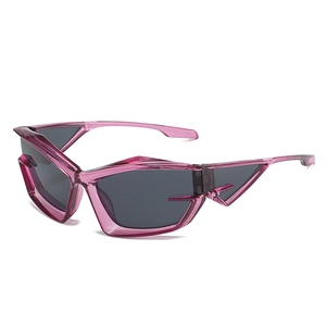 Futuristic geometric cat eye sunglasses with transparent pink frame and grey lenses