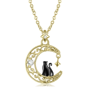 Original design S925 silver necklace with black cat on golden moon pendant