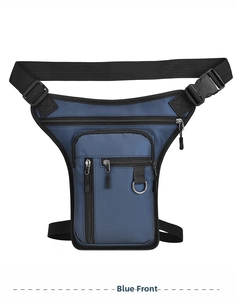 Detailed front view of navy blue tactical drop leg bag with multi-zippered compartments