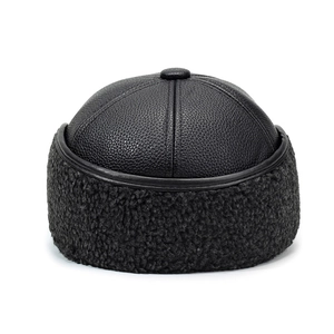 Men's winter black leather docker hat with warm faux lamb wool lining and pebble texture