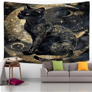Detail of bohemian black cat tapestry with golden moon and star patterns for wall decor