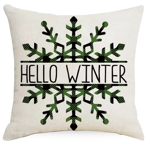 Linen Christmas pillow cover with green plaid snowflake and HELLO WINTER text