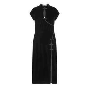 Eleganter schwarzer Samt-Cheongsam Maxikleid mit kurzen Ärmeln und traditionellem Schlitz