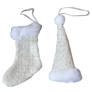White sequined tweed Christmas stocking and hat set with faux fur trim for decor