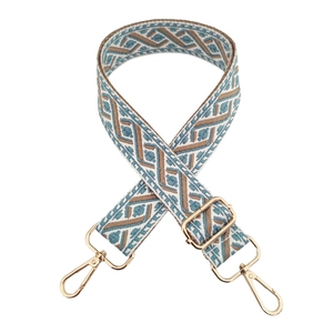 Detail of 3.8cm jacquard crossbody strap with blue geometric patterns and gold metal hooks