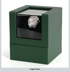 Detail view of the single automatic watch winder in green leather with a clear window