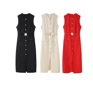 Detail of midi sleeveless dresses with metal buttons, belts and side pockets in three colors
