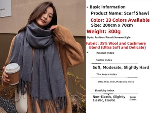 Detail showing 200x70cm dimensions and 35% wool cashmere blend fabric specifications