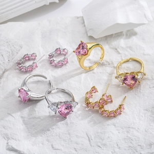 Heart Pink Zircon Copper Adjustable Ring And C Shaped Earrings Micro Pave Jewelry For Women