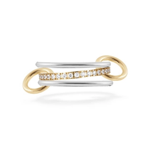 Detailed close-up of a two-tone 8mm tungsten ring with gold-tone band and set crystals