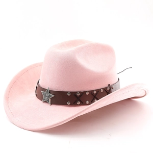 Close-up of pink felt cowboy hat with silver sheriff star and studded leather band