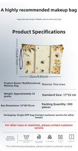 Detail view of linen bee print makeup bag with size measurements and material specs
