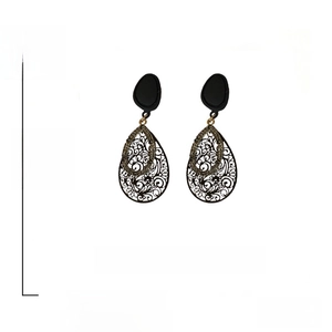 Detailed size view of black hollow drop earrings with 925 silver needle and rhinestones