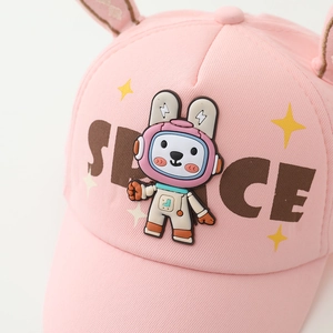 Pink kids baseball cap featuring 3D rabbit ears and a cute astronaut bear patch