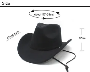 Size chart for western black fedora hat with 8cm brim and adjustable chin strap details