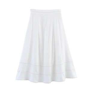 White French style A-line midi skirt with intricate lace patchwork and cotton-linen texture