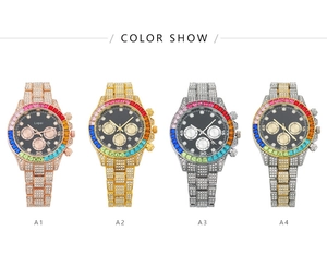 Confronto dettagliato di quattro orologi di lusso con cristalli e lunette arcobaleno colorate