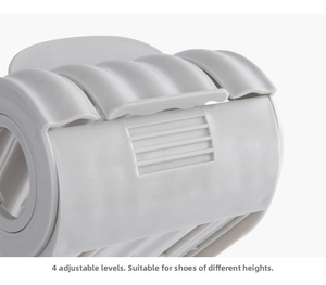 Detail of adjustable 4-level white plastic shoe rack showing various height settings