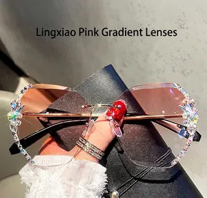 Close-up of rimless gradient pink lenses decorated with luxury crystals and rhinestones
