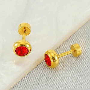Gold stainless steel stud earrings featuring a round red crystal and secure screw-back design